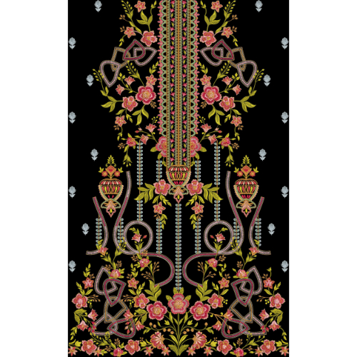 Ornate Floral Embroidered Vertical Panel & Neckline Textile Design
