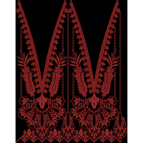 Bold Red Ornamental Embroidered Border Textile Design on Black