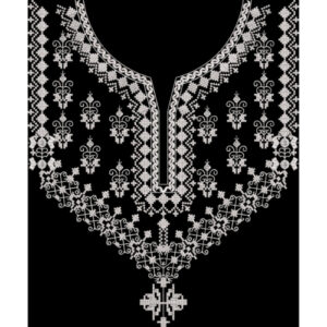 Traditional White Geometric & Floral Embroidered Neckline Textile Design