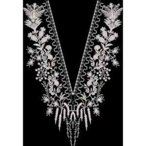 Elegant White Floral Embroidered V-Neckline Textile Design