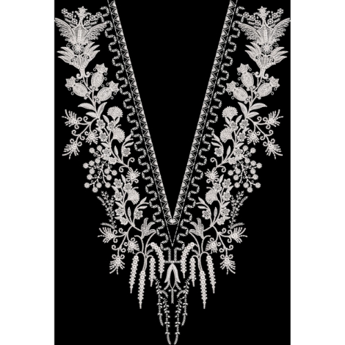 Elegant White Floral Embroidered V-Neckline Textile Design