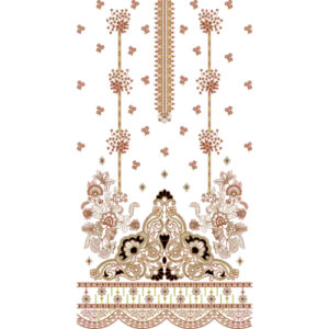 Ornate Floral and Paisley Dress Embroidery Design with Decorative Panel and Layered Border