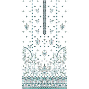 Elegant Teal Floral and Paisley Dress Embroidery Design with Decorative Chevron Border