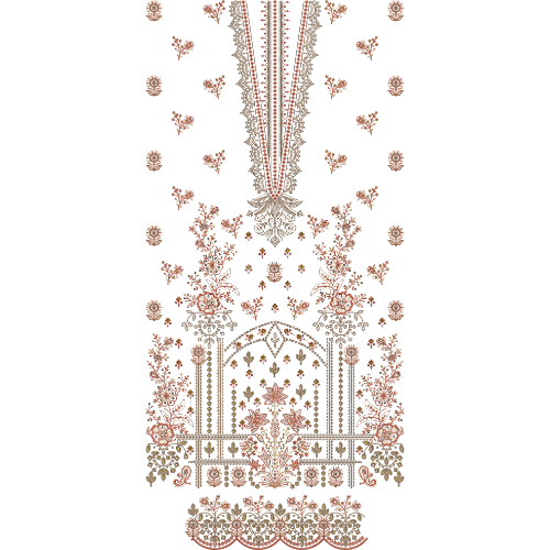 Luxury Traditional Floral Dress Embroidery Design with Ornamental Panel and Decorative Border
