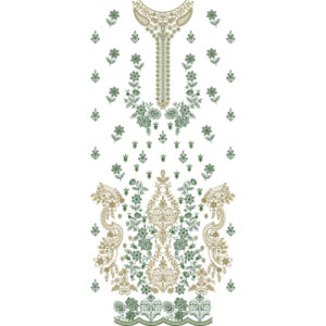 Elegant Green and Gold Floral Dress Embroidery Design with Ornamental Neckline and Paisley Accents