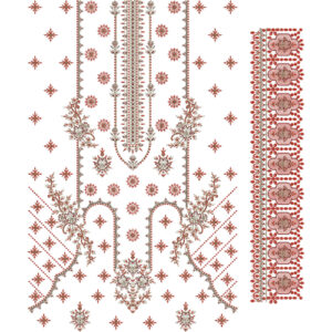 Traditional Red Floral Dress Embroidery Design with Ornamental Panel and Detailed Side Border