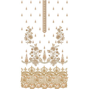 Elegant Golden Floral Dress Embroidery Design with Ornamental Panel and Rich Lace Border