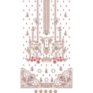 Elegant Red and Beige Floral Dress Embroidery Design with Ornamental Panel and Decorative Corner Border