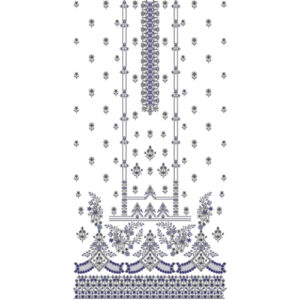 Elegant Blue Geometric Floral Dress Embroidery Design with Ornamental Panel and Rich Border