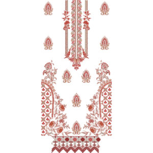 Traditional Red Floral Dress Embroidery Design with Ornamental Panel and Decorative Border