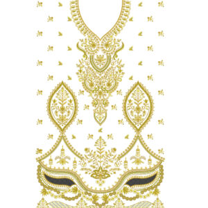 Royal Golden Paisley Dress Embroidery Design with Ornamental Neckline and Decorative Border