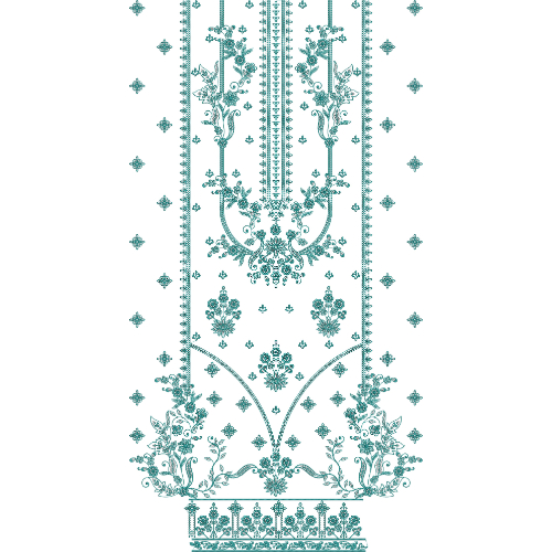 Elegant Teal Floral Panel Dress Embroidery Design with Ornamental Border