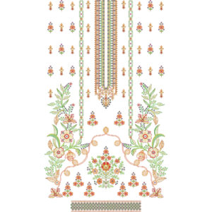 Vibrant Multicolor Floral Dress Embroidery Design with Ornamental Panel and Decorative Border