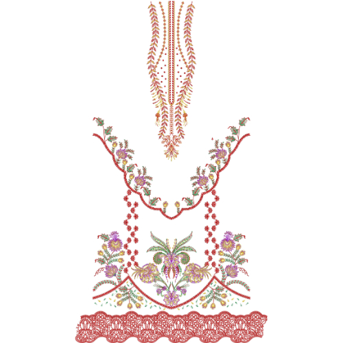 Elegant Multicolor Floral Neckline Dress Embroidery Design with Decorative Lace Border