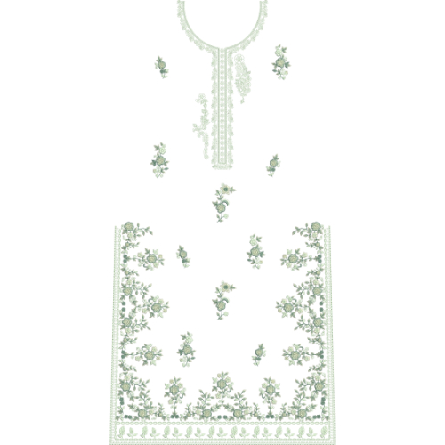 Elegant Light Green Floral Dress Embroidery Design with Delicate Neckline and Border