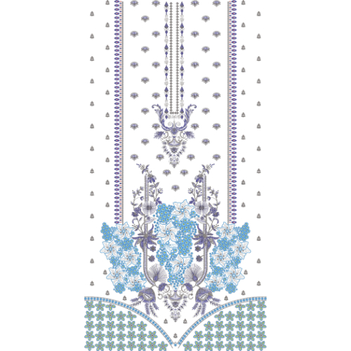 Elegant Floral Front Panel Embroidery Design with Ornamental Neckline and Decorative Border