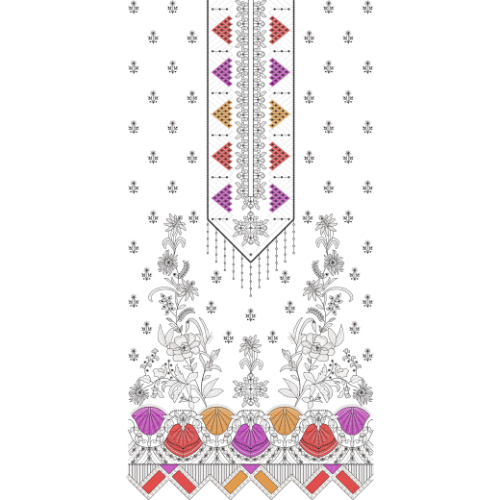 Elegant Multicolor Geometric Floral Dress Embroidery Design with Decorative Front Panel