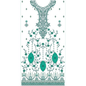 Luxury Teal Floral Neckline Dress Embroidery Design with Ornamental Motifs and Border