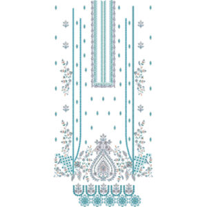 Elegant Blue Floral Front Panel Embroidery Design with Ornamental Motifs and Border