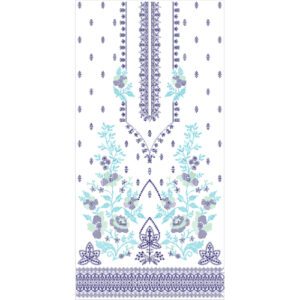 Elegant Blue Floral Front Panel Embroidery Design with Decorative Neckline and Ornamental Border