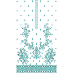 Elegant Turquoise Floral Front Panel Embroidery Design with Ornamental Motifs and Border