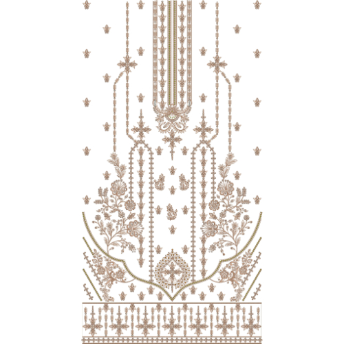 Luxury Traditional Front Panel Embroidery Design with Ornamental Floral Motifs and Decorative Border