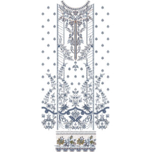 Elegant Blue Floral Front Panel Embroidery Design with Ornamental Neckline and Decorative Border