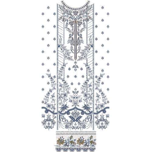 Elegant Blue Floral Front Panel Embroidery Design with Ornamental Neckline and Decorative Border