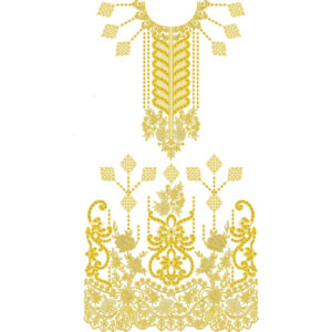 Elegant Ornamental Neckline & Floral Hem Panel Embroidery Design for Designer Dresses