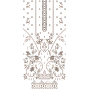 Elegant Monochrome Floral Neckline & Ornamental Panel Embroidery Design for Designer Dresses