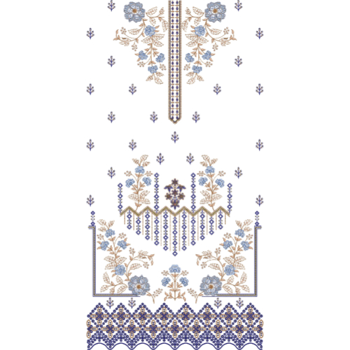 Elegant Blue & Beige Floral Ornamental Panel Embroidery Design for Designer Dresses