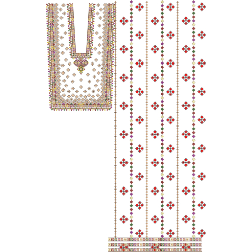 Traditional Multicolor Geometric Neckline & Vertical Panel Embroidery Design for Designer Dresses