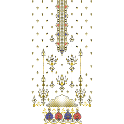Royal Multicolor Geometric & Ornamental Panel Embroidery Design for Luxury Designer Dresses