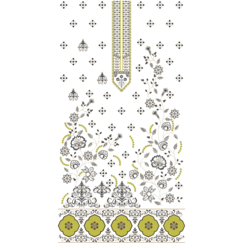 Elegant Monochrome Floral & Olive Ornamental Panel Embroidery Design for Designer Dresses