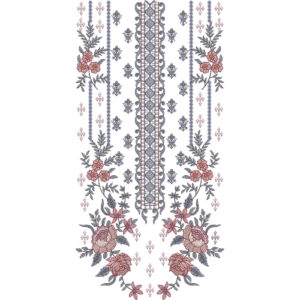 Elegant Floral Symmetrical Panel Neckline Embroidery Design with Geometric Center Border
