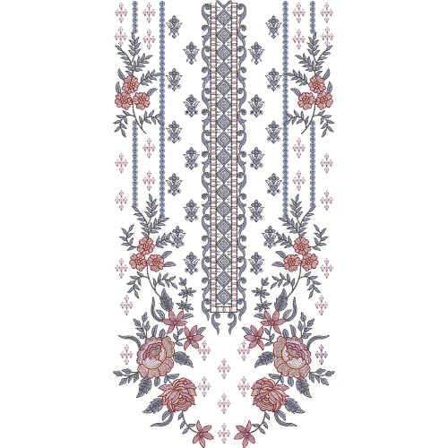 Elegant Floral Symmetrical Panel Neckline Embroidery Design with Geometric Center Border