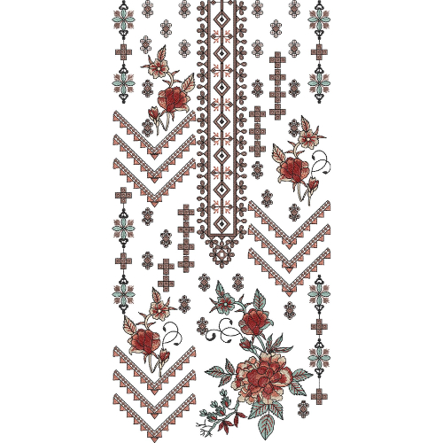 Ethnic Geometric Floral Panel Neckline Embroidery Design with Traditional Chevron Motifs