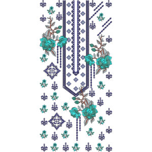 Stylish Floral and Geometric Panel Neckline Embroidery Design with Hanging Bead Detailing
