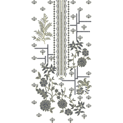 Elegant Asymmetrical Botanical Panel Neckline Embroidery Design with Delicate Folk Motifs