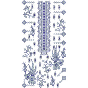 Elegant Floral and Geometric Vertical Panel Neckline Embroidery Design with Folk Art Detailing