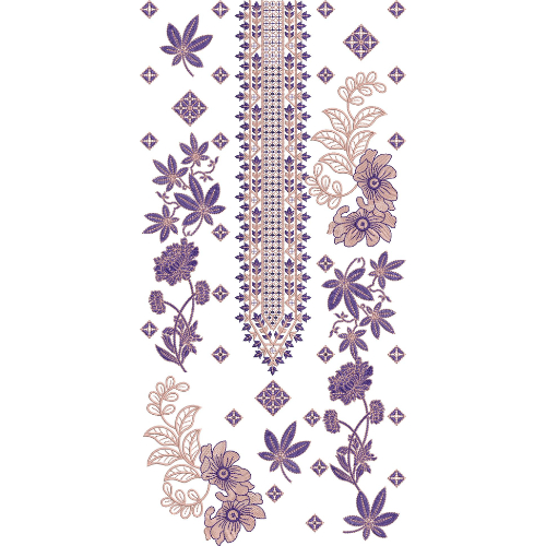 Elegant Floral and Diamond Motif Panel Neckline Embroidery Design with Delicate Botanical Accents