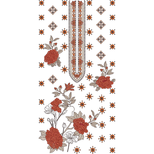 Elegant Floral Vertical Panel Neckline Embroidery Design with Scattered Ethnic Motifs