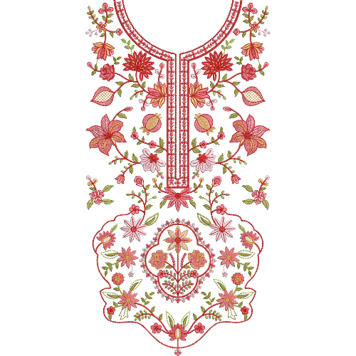 Vibrant Red Floral Round Neckline Embroidery with Decorative Garden Panel Design