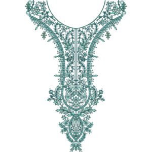 Intricate Teal Floral V-Neckline Embroidery with Ornamental Heritage Drop Pattern