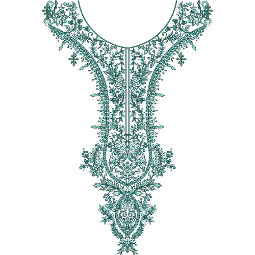 Intricate Teal Floral V-Neckline Embroidery with Ornamental Heritage Drop Pattern