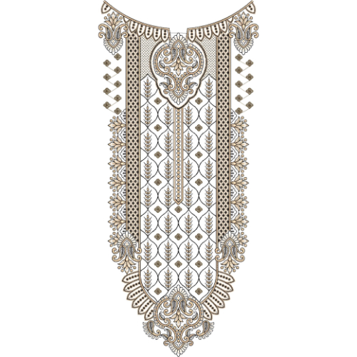 Elegant Beige Ornamental Panel Neckline Embroidery with Leaf Motif Lattice Design