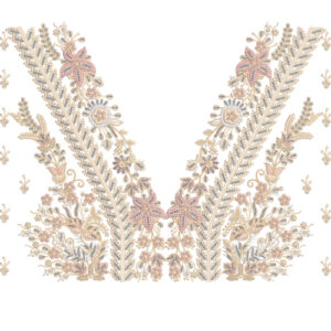 Elegant V-Neck Floral Border Embroidery Design with Delicate Botanical Detailing