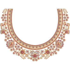 Traditional Round Neck Floral Border Embroidery Design with Ornamental Botanical Motifs