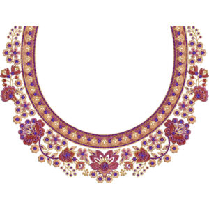 Vibrant Floral Round Neck Border Embroidery Design with Ornamental Ethnic Detailing
