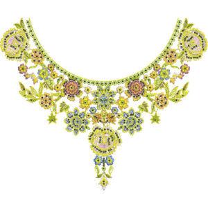 Vibrant Floral Round Neck Embroidery Design with Decorative Ornamental Drop